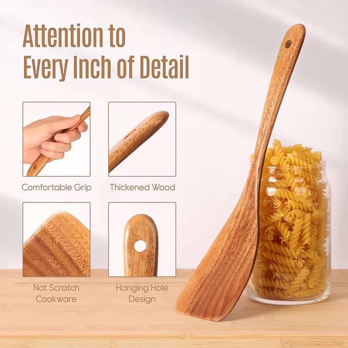 7 PCS Wooden Spoons for Cooking Natural Teak Kitchen Utensils Smooth Non-Stick - Image 3