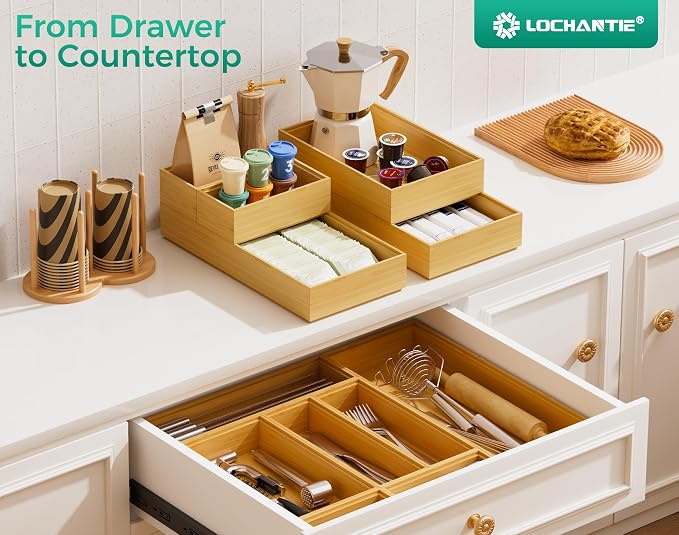 Bamboo Kitchen Drawer Organizer Boxes – 12" x 6" Stackable Wood Silverware - Image 8