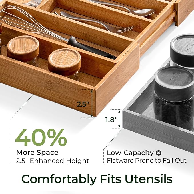 keechee Carbonized Large Bamboo Kitchen Drawer Organizer, 12 Slots Expandable - Image 3