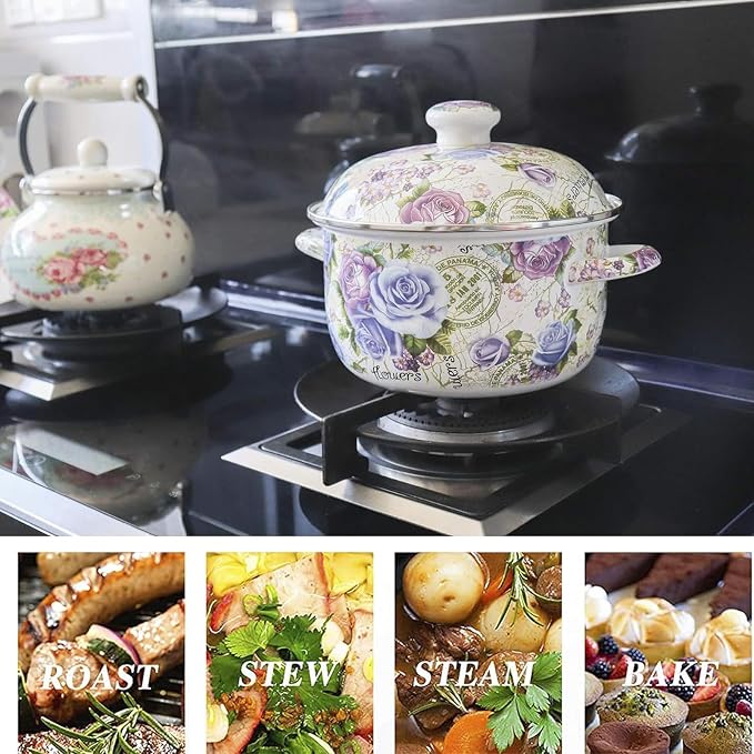 Enamel Stockpot with Lid, 2.5 Quart Retro Cooking Pot, Vintage Floral Stew Bean - Image 7