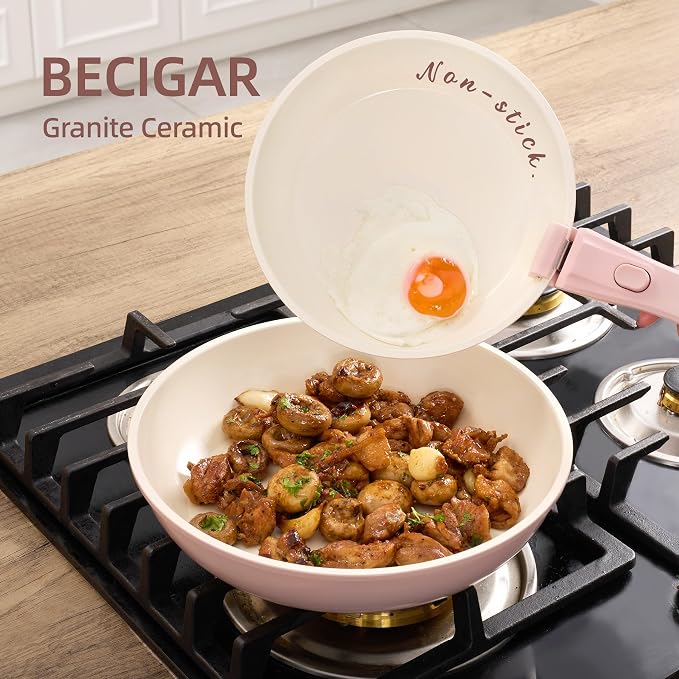 BECIGAR 8PCS Ceramic Cookware, Nonstick Ceramic Pan, Removable Handle Pots and - Image 8
