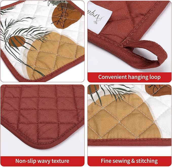 Boho Leaf Oven Mitts and Pot Holders Sets 2Pcs, 100% Cotton Heat Resistant - Image 3