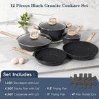 SODAY 12 Pcs Pots and Pans Set Non Stick, Cookware Sets Black Granite Induction - Image 3