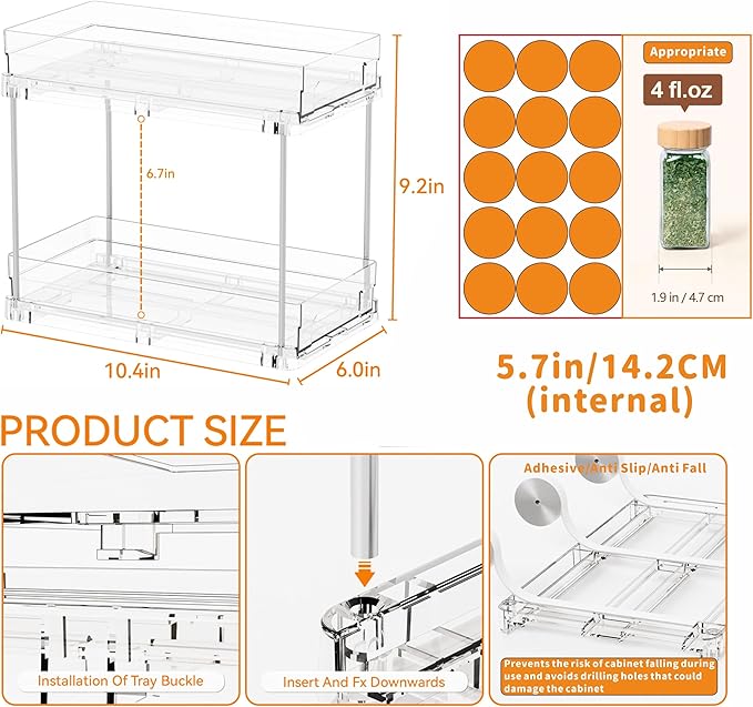 Yieach 4 Pack 2 Tier Vertical Spice Rack Pull Out, 10.4'' Deep Narrow Slide Out - Image 3