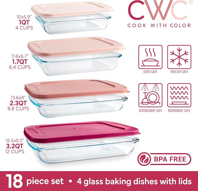 COOK WITH COLOR 8-Piece Deep Glass Baking Dish Set with Plastic Lids – - Image 3