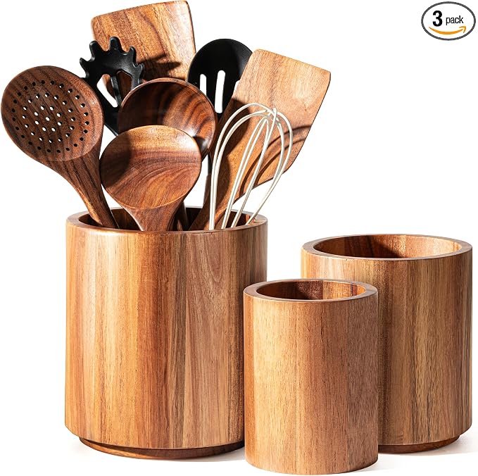 Criusia Utensil Holder 3 Pack, 360° Rotating Acacia Wood Cooking Utensil Crocks by Criusia