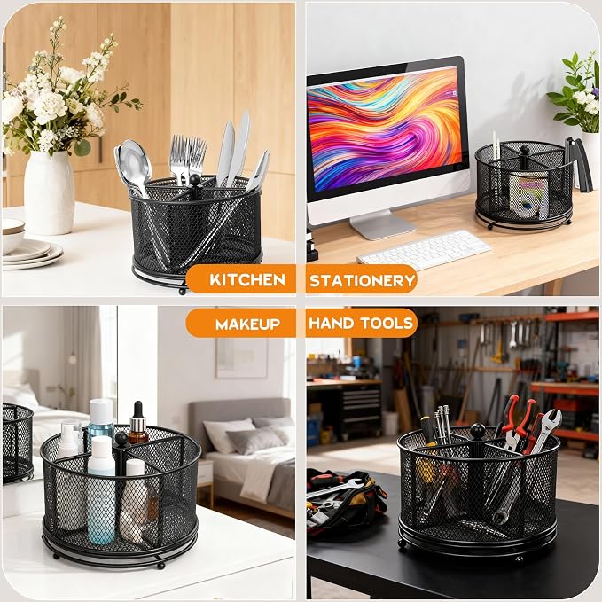 360° Rotating Metal Utensil Caddy, 4 Compartment Silverware Cutlery Holder - Image 8