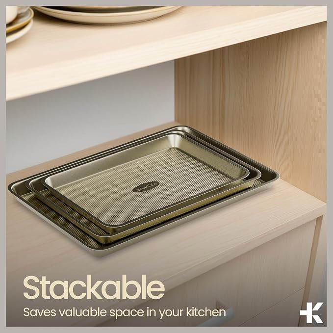 Diamond Bottom Cookie Sheet Set of 3, Nonstick Gold Carbon Steel Baking Pans - Image 6