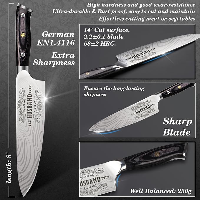 Funistree Gifts for Men Him Husband, 8 inch Professional German 1.4116 Chef - Image 3