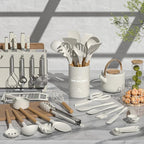Umite Chef Silicone Kitchen Utensil Set, Cream White Wood Handles - Image 2