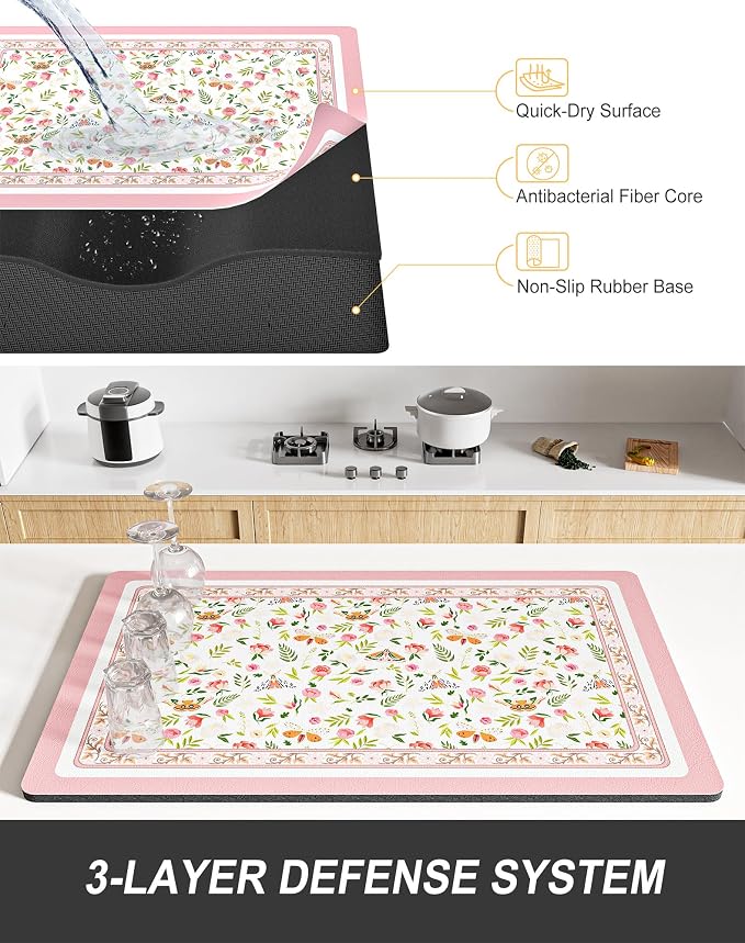 Rnivvi Dish Drying Mat for Kitchen Counter, XL 15 x 24" Cute Flower Theme - Image 4