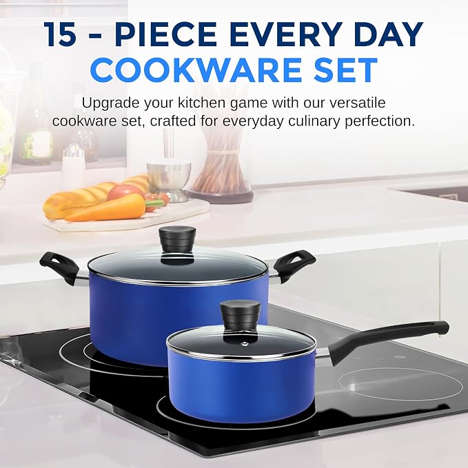 SereneLife 15-Pc Blue Nonstick Cookware Set, Heat-Resistant Pots & Pans Set - Image 2