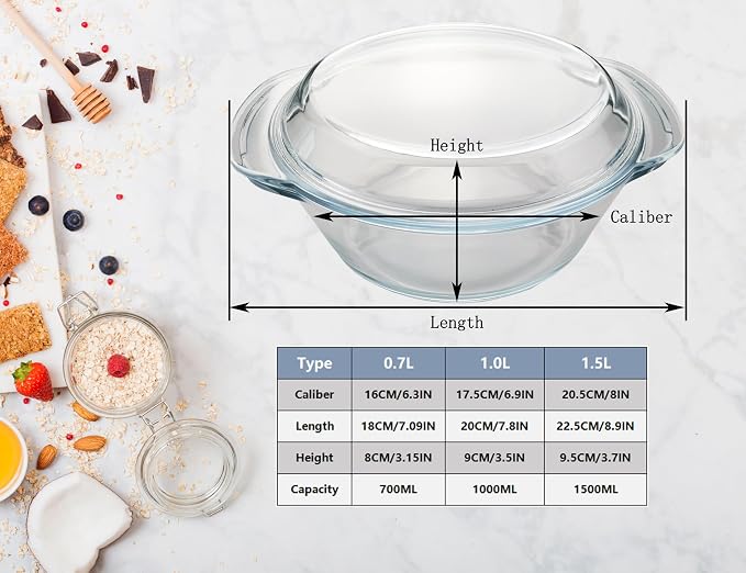 Casserole Baking Dish with 2 pcs, 1 QT large, Round with Handle and Lid - Image 7
