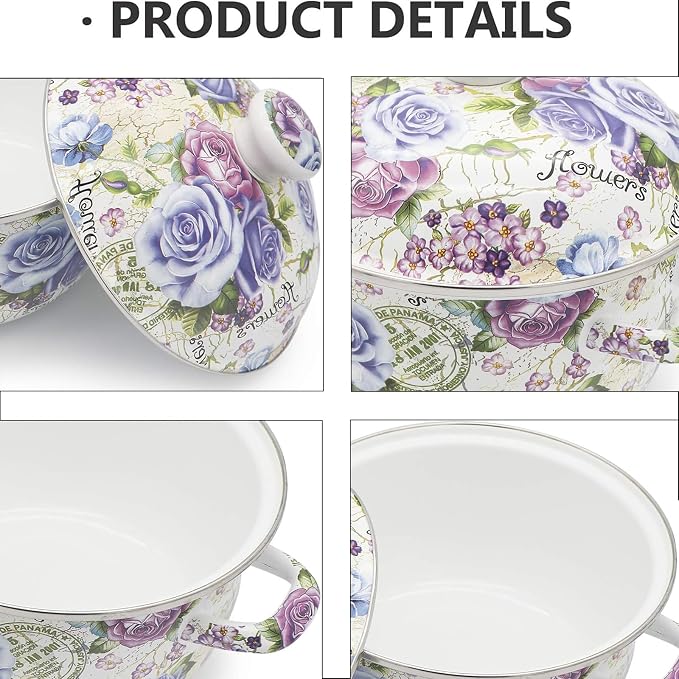 Enamel Stockpot with Lid, 2.5 Quart Retro Cooking Pot, Vintage Floral Stew Bean - Image 5