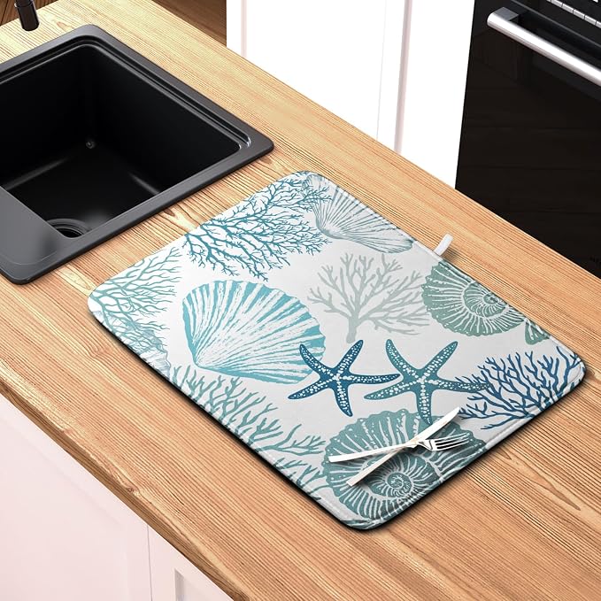 Summer Blue Dish Drying Mat for Kitchen Counter Nautical Coastal Teal Dishes - Image 6