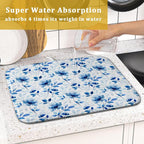 Blue Floral Dish Drying Mat 16x18 inch Flower Leaves Dish Rack Pad Microfiber - Image 7