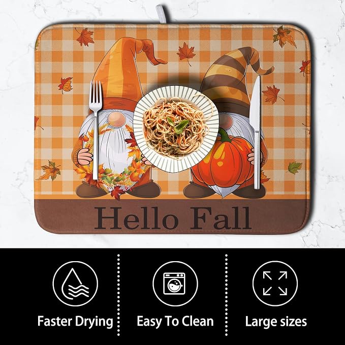 Hello Fall Autumn Gnomes Dish Drying Mat 16x18 Thanksgiving Pumpkin Maple - Image 4