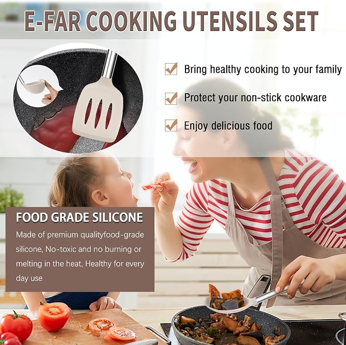 E-far Silicone Cooking Utensils Set, 14-Piece Khaki Kitchen Utensils Set - Image 4