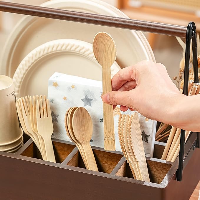 PTSTING Silverware Caddy with Handle Acacia Wood Utensil Holder Paper Plate - Image 3