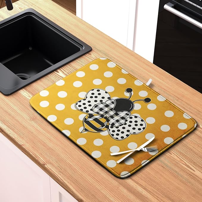 Bee Dish Drying Mat for Kitchen Counter 16x18 Inch Yellow Honey Bees Polka Dots - Image 6