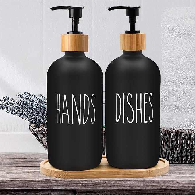 Sunrise Premium 16 OZ Thick Black Glass Soap Dispenser, Bamboo Pump - Image 6
