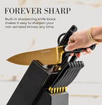 Black and Gold Knife Set with Block and Sharpener – 14-Piece Full Tang Golden - Image 3