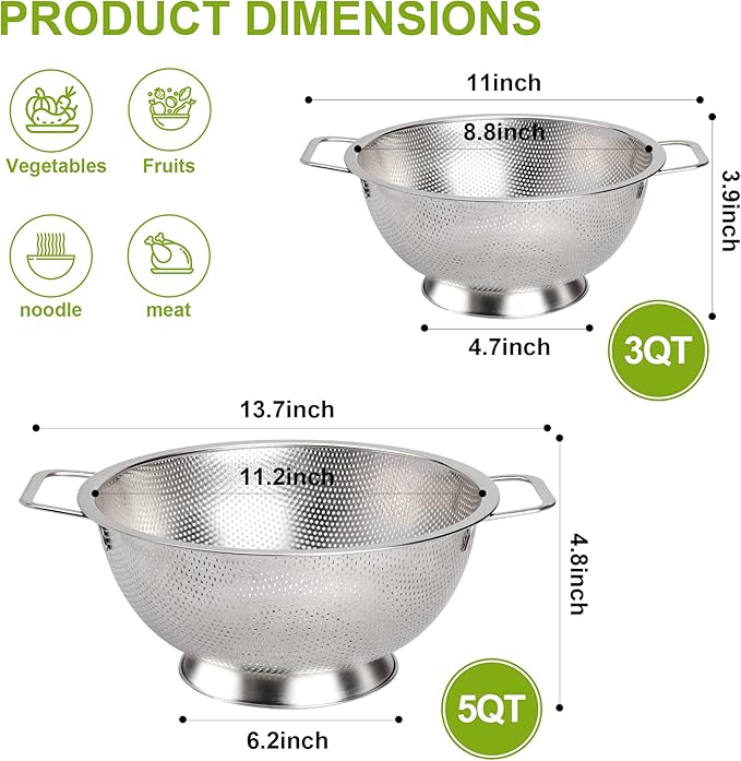 Gulex Colander Stainless Steel 3-Quart, Strainer - Image 2
