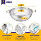 E-far 5-Quart Stainless Steel Colander, Micro-Perforated Metal Colander Strainer - Image 2