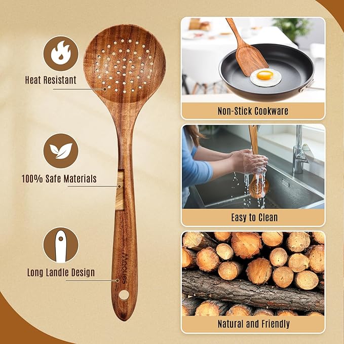 Wooden Spoons for Cooking, Wooden Utensils for Cooking Natural Teak Wooden - Image 2