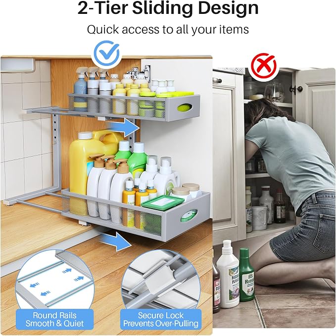 Under Sink Organizer, 2 Tier Pull Out Under Cabinet Organizer Shelf - Image 5