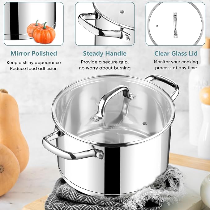 E-far 4 Quart Stock Pot with Lid, Stainless Steel Stockpot - Image 5