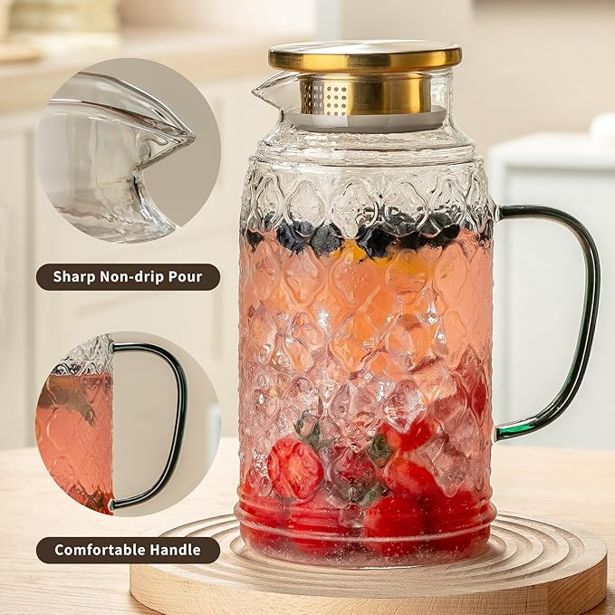 Buaic Glass Pitcher with Lid, 2 PACK 68 oz/2 Liter Vintage Water Pitcher - Image 4