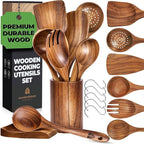 Wooden Utensil Set 8 Pcs – Sturdy & Easy to Clean, Natural Teak Wooden Spoons by Woodenhouse