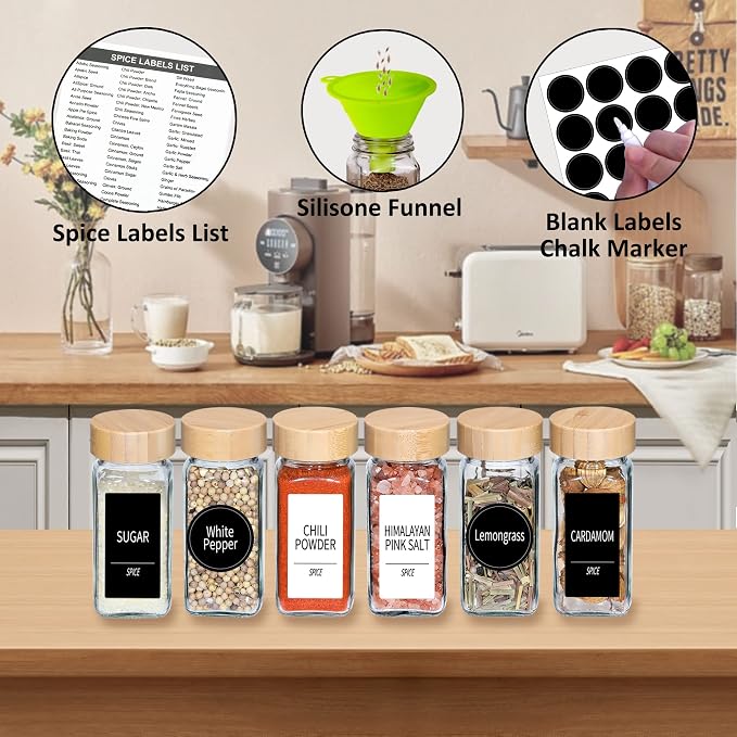 Churboro 36 Spice Jars with Labels- Spice Jars with Bamboo Lids - 4 Oz Glass - Image 2