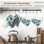 Blue Hydrangea Flower Spring Oven Mitts and Pot Holders Set of 4, Heat - Image 5
