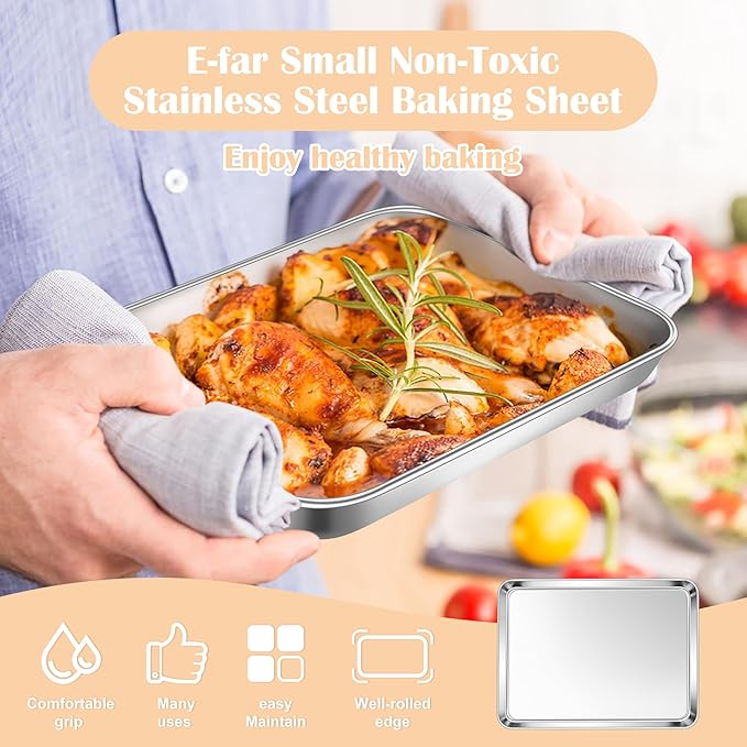 E-far Mini Toaster Oven Tray, 9.4”x7.3” Stainless Steel Baking Cookie Sheet - Image 3