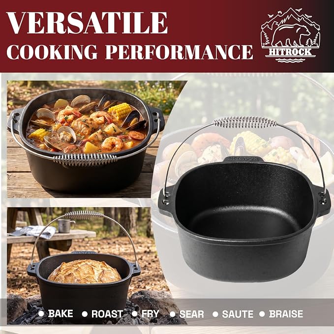 HITROCK Cast Iron Camp Dutch Oven 7QT, Pre-Seasoned Camping Dutch Oven - Image 5