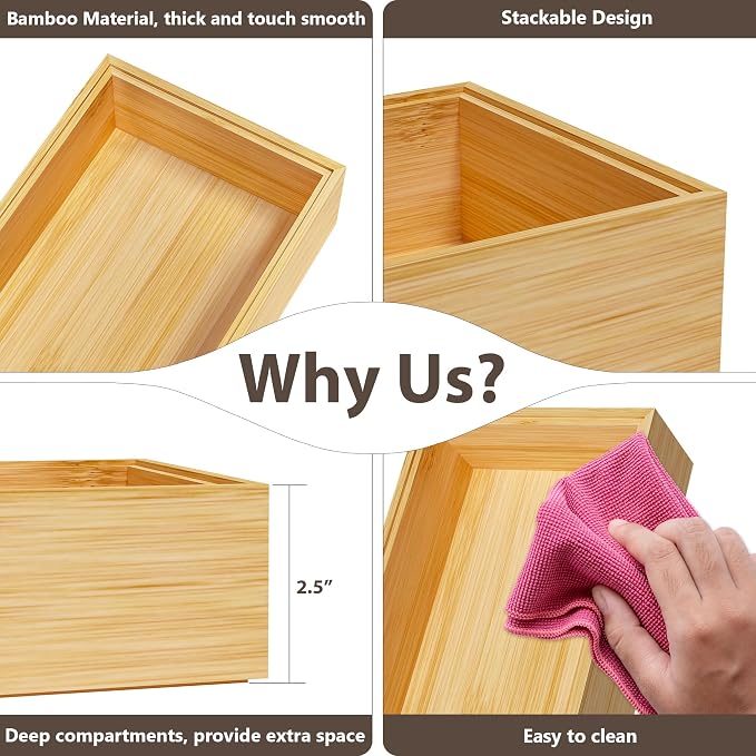 Kitchen Drawer Organizer Bins, Stackable Bamboo Deep Drawer Organizer - Image 8