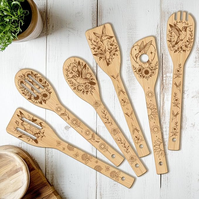 CUTHOLLOW 6PCS Hummingbird and Rose Wooden Kitchen Cooking Utensil Set by CUTHOLLOW