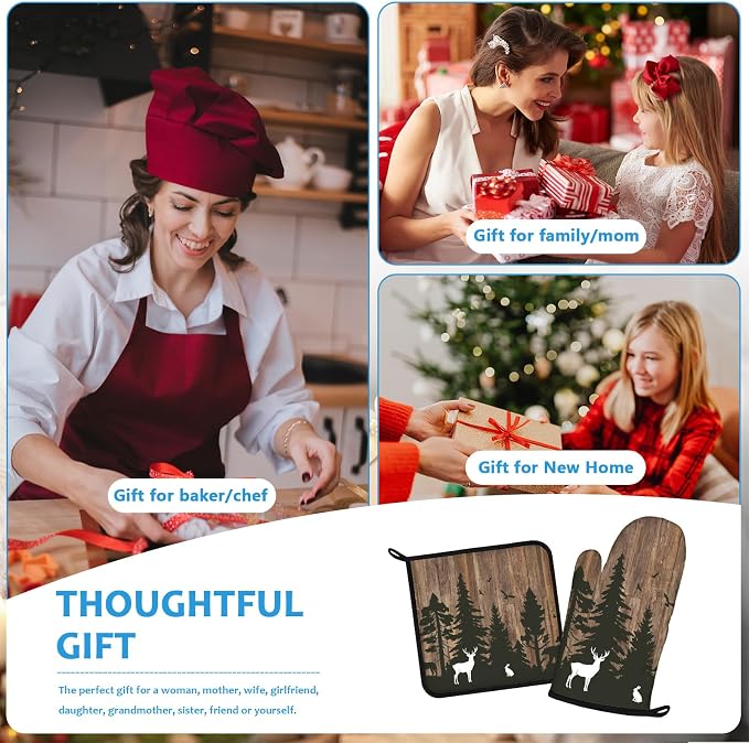 Deer Forest Wood Grain Oven Mitts and Pot Holders Sets Heat Resistant 4Pcs - Image 7