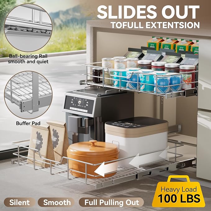 2 Tier Pull Out Cabinet Organizer 24" W X 22" D, Slide Out Drawers - Image 3
