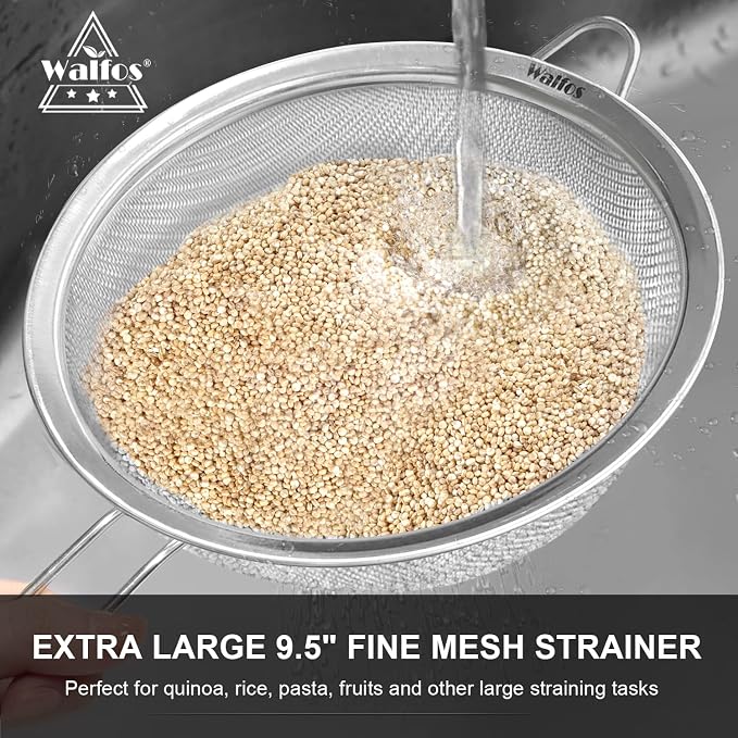 Walfos Extra Fine Mesh Strainer Set of 4-9.35", Stainless Steel 30 Mesh Sieve - Image 4