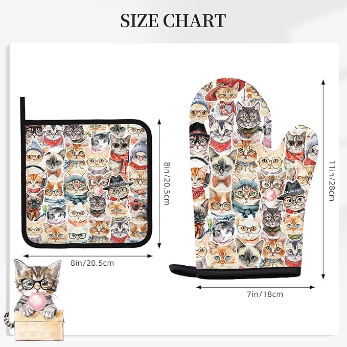 Cute Cat Oven Mitts and Pot Holders Sets 3PCS, Cat Silicone Heat Resistant Oven - Image 2