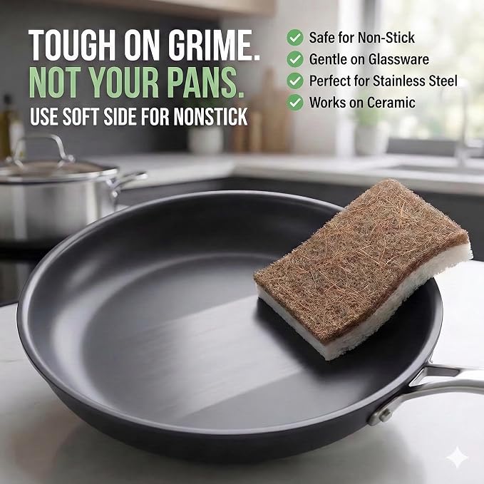 6 Pack Natural Kitchen Sponges, Compostable White Cellulose & Organic Coconut - Image 6