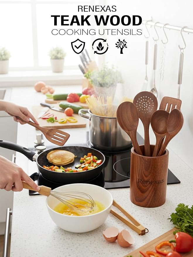 9-Piece Teak Wooden Kitchen Utensil Set – Nonstick Safe Cooking Spoons & - Image 2