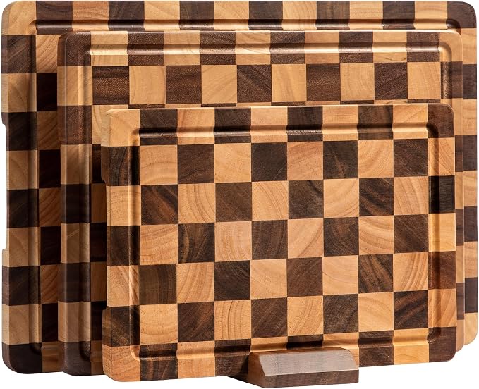 Checkered Cutting Boards for Kitchen, Wooden Cutting Board Set, Acacia Chopping by FyctioHome