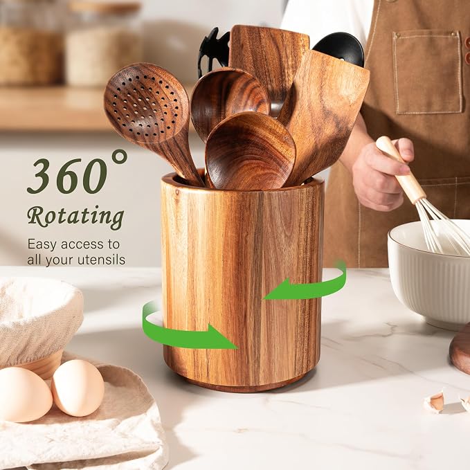 Criusia Utensil Holder 3 Pack, 360° Rotating Acacia Wood Cooking Utensil Crocks - Image 5