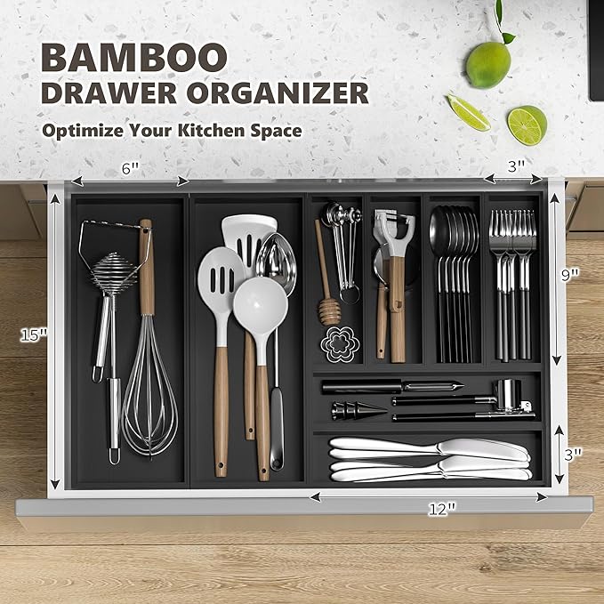 Kitchen Drawer Organizer Tray, Stackable Black Bamboo Drawer Organizer - Image 3
