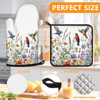 Wildflowers Birds Oven Mitts and Pot Holders Sets 4Pcs, Extra Long Oven Gloves - Image 2