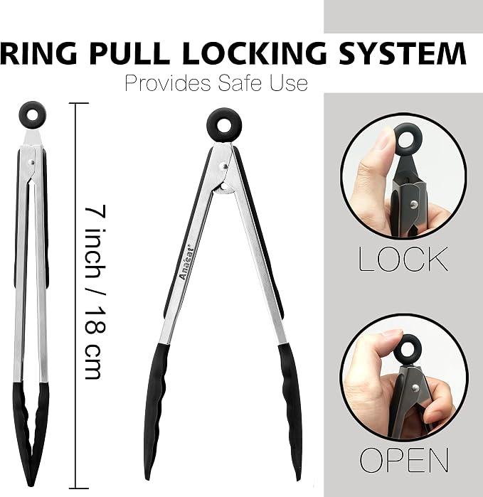 Anaeat 3 Pack 7" Mini Non-Stick Silicone Locking Tongs - Image 6